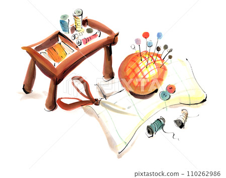 Sewing tools, scissors, cloth, thread, buttons, stylish, hand-painted, watercolor illustration Sewing tools, scissors, cloth, thread, buttons, stylish, hand-painted, watercolor illustration 110262986