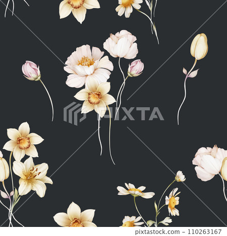 Seamless pattern with narcissus lilies and white poppy Seamless pattern with narcissus lilies and white poppy 110263167