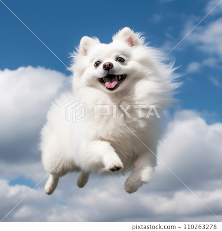 White Pomeranian flying in the sky/AI generation 110263278