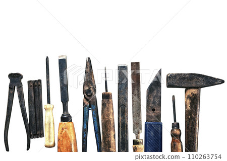set of old dirty tools in vintage style isolated on white background set of old dirty tools in vintage style isolated on white background 110263754