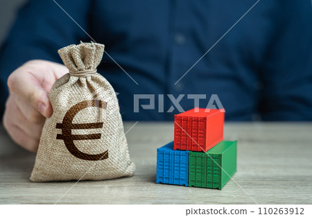 Shipping containers and euro money bag. Profit from sales of goods. Economic growth, increased production and development of transport infrastructure. Make a trade deal. Import and export. 110263912