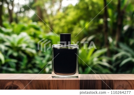 Unbranding black bottle with wood aroma on table with tropical leaves. Mockup design. Generative AI 110264277