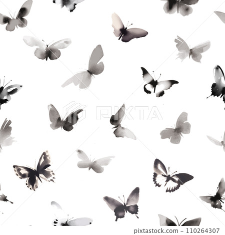 Sumi-e-inspired seamless vector pattern with butterflies. Can be used for wallpaper, pattern fills, textile, web page background, surface textures. Sumi-e-inspired seamless vector pattern with butterflies. Can be used for wallpaper, pattern fills, textile, web page background, surface textures. 110264307