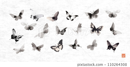 Ink wash painting of butterflies in japanese sumi-e style on on rice paper background. Translation of hieroglyph - double luck Ink wash painting of butterflies in japanese sumi-e style on on rice paper background. Translation of hieroglyph - double luck 110264308