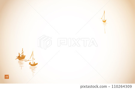 Ink painting of fishing boats in minimalist style. Traditional oriental ink painting sumi-e, u-sin, go-hua in vintage style. Translation of hieroglyph - zen Ink painting of fishing boats in minimalist style. Traditional oriental ink painting sumi-e, u-sin, go-hua in vintage style. Translation of hieroglyph - zen 110264309