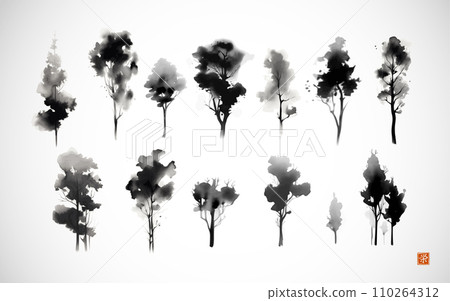 Ink wash painting of trees. Traditional Japanese ink wash painting sumi-e. Translation of hieroglyph - prosperity 110264312