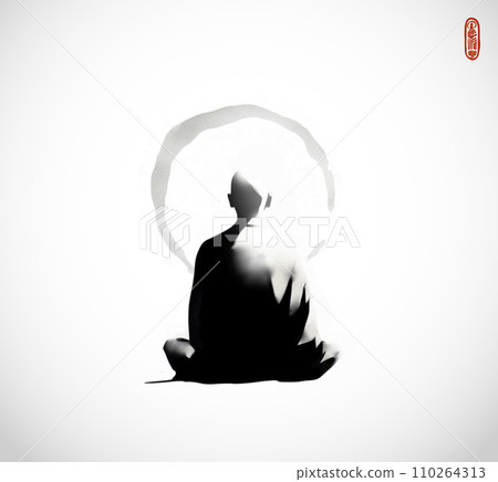 Ink painting of meditating buddhist monk, view from the back. Traditional oriental ink painting sumi-e, u-sin, go-hua on white background Ink painting of meditating buddhist monk, view from the back. Traditional oriental ink painting sumi-e, u-sin, go-hua on white background 110264313