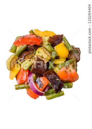 Delicious juicy fresh salad of baked eggplant, tomatoes, zucchini, onions Delicious juicy fresh salad of baked eggplant, tomatoes, zucchini, onions 110264404