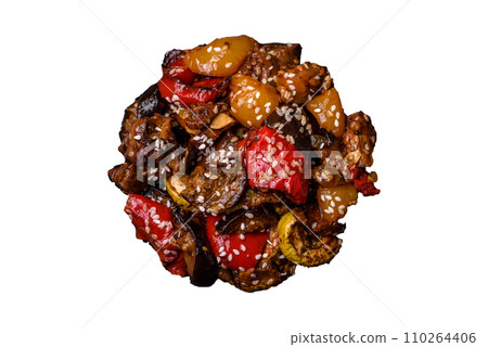Delicious juicy fresh salad of baked eggplant, tomatoes, sweet peppers, sesame seeds Delicious juicy fresh salad of baked eggplant, tomatoes, sweet peppers, sesame seeds 110264406