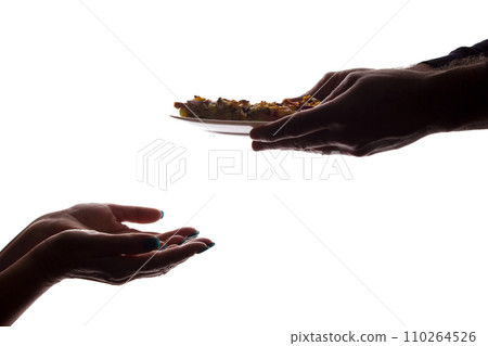 Young man gives a pizza on dish - silhouette, help concept 110264526