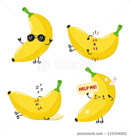 Funny Banana characters bundle set. Vector hand drawn doodle style cartoon character illustration icon design. Cute Banana mascot character collection 110264802