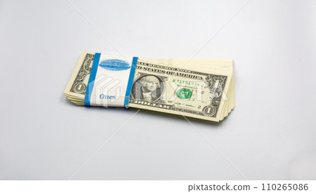 stack of one dollar bills in bank packaging 110265086