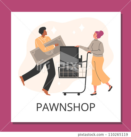 Person bring old TV technique to Pawnshop, customers buy sell second hand electric appliances and get cash vector poster Person bring old TV technique to Pawnshop, customers buy sell second hand electric appliances and get cash vector poster 110265119