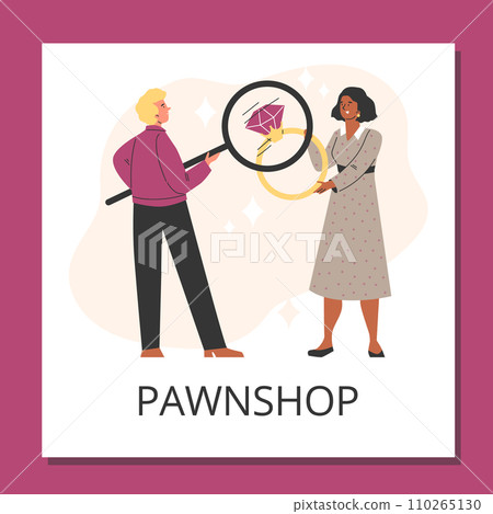 Pawnshop expert appraiser looking at golden ring with a diamond, valuable jewelry under magnifying glass vector poster 110265130