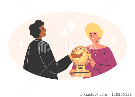 Woman brought an antique golden watch in Pawnshop, cartoon vector illustration of evaluating service, Pawnshop business Woman brought an antique golden watch in Pawnshop, cartoon vector illustration of evaluating service, Pawnshop business 110265131