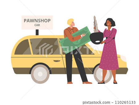 Female bring car key to Pawnshop, customers buy and sell second hand automobile and get cash vector illustration Female bring car key to Pawnshop, customers buy and sell second hand automobile and get cash vector illustration 110265133