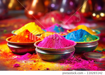 Colorful pots and drumms with Holi powder, Indian festival of colors Colorful pots and drumms with Holi powder, Indian festival of colors 110265142