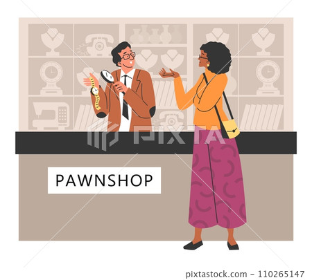 Woman bring gold watch to pawnshop and discuss value with appraiser. Woman bring gold watch to pawnshop and discuss value with appraiser. 110265147