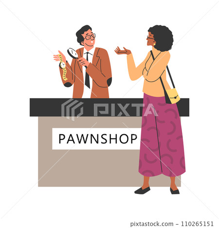 Pawnshop expert appraiser looking at golden watch, valuable thing under magnifying glass, vector evaluating service 110265151