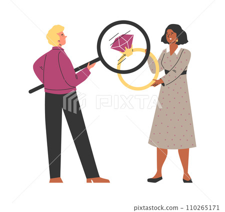Estimating the value of jewelry in pawnshop flat vector illustration isolated. Estimating the value of jewelry in pawnshop flat vector illustration isolated. 110265171