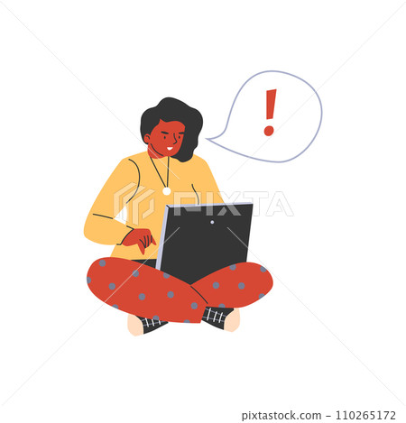 Female student or freelancer with laptop on lap, vector flat style. 110265172