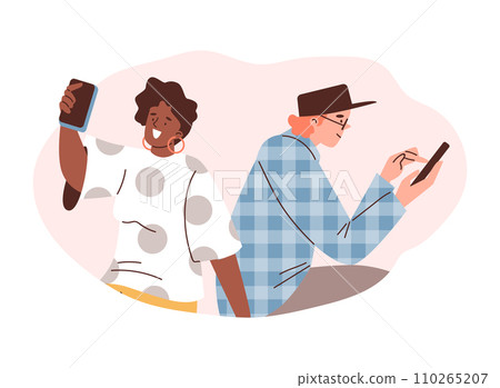 Online shopping in mobile device, people sitting and surfing internet with smartphone, chatting and shopping flat vector Online shopping in mobile device, people sitting and surfing internet with smartphone, chatting and shopping flat vector 110265207