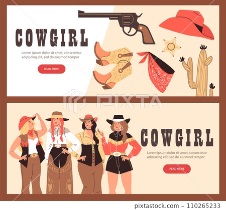 Beautiful cowgirl and vintage accessories vector flyers template set, swag cowgirls dressed in retro wild west clothes 110265233