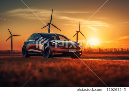 Electric Car in field with Wind turbines. EV electric car in Eolic park windpower. Electric Car in field with Wind turbines. EV electric car in Eolic park windpower. 110265245