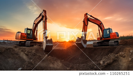 Excavator on earthmoving at open pit mining on sunset Excavator on earthmoving at open pit mining on sunset 110265251