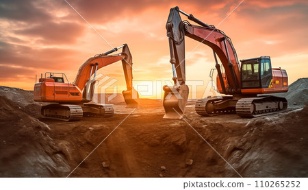 Excavator on earthmoving at open pit mining on sunset Excavator on earthmoving at open pit mining on sunset 110265252