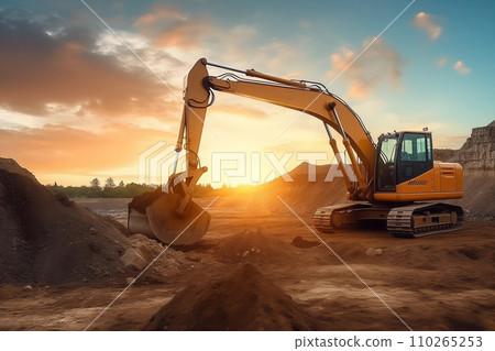 Excavator on earthmoving at open pit mining on sunset Excavator on earthmoving at open pit mining on sunset 110265253