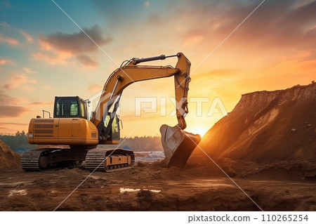 Excavator on earthmoving at open pit mining on sunset Excavator on earthmoving at open pit mining on sunset 110265254