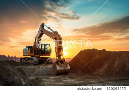 Excavator on earthmoving at open pit mining on sunset Excavator on earthmoving at open pit mining on sunset 110265255