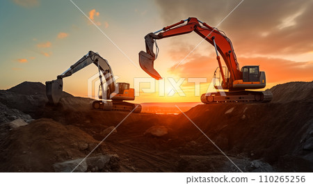 Excavator on earthmoving at open pit mining on sunset 110265256