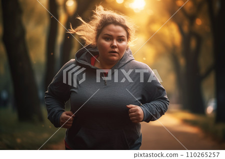 Fat woman on morning running in park. Fat girl with big belly on jogging for weight loss. Fat woman on morning running in park. Fat girl with big belly on jogging for weight loss. 110265257