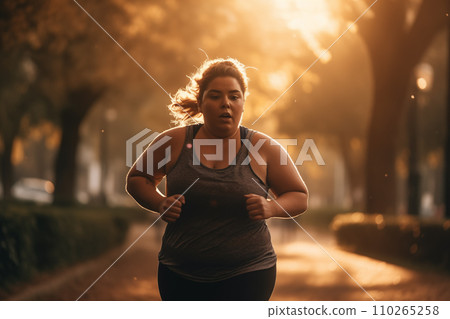 Fat woman on morning running in park. Fat girl with big belly on jogging for weight loss. Fat woman on morning running in park. Fat girl with big belly on jogging for weight loss. 110265258