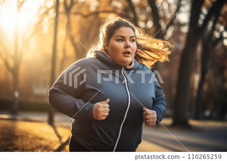 Fat woman on morning running in park. Fat girl with big belly on jogging for weight loss. Fat woman on morning running in park. Fat girl with big belly on jogging for weight loss. 110265259