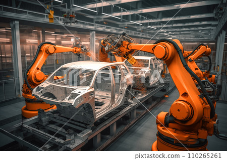 Robotic Welding. Robots welding in workshop of industrial plant Robotic Welding. Robots welding in workshop of industrial plant 110265261