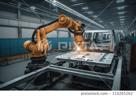 Robotic Welding. Robots welding in workshop of industrial plant Robotic Welding. Robots welding in workshop of industrial plant 110265262