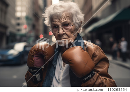 Pensioner boxing on street in USA. Grandmother boxing. Pensioner boxing on street in USA. Grandmother boxing. 110265264