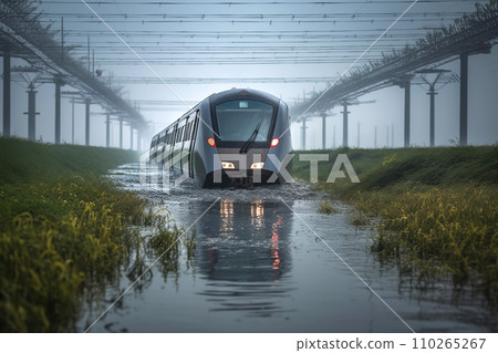 Train during a flood in heavy rain. Incident with a passenger train falling into the sea. Train during a flood in heavy rain. Incident with a passenger train falling into the sea. 110265267