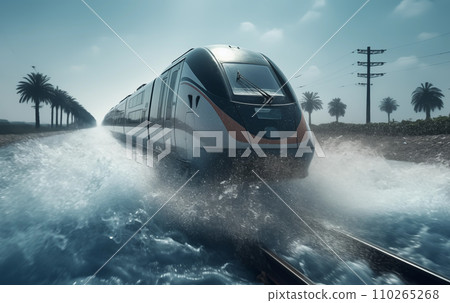 Train during a flood in heavy rain. Incident with a passenger train falling into the sea. Train during a flood in heavy rain. Incident with a passenger train falling into the sea. 110265268