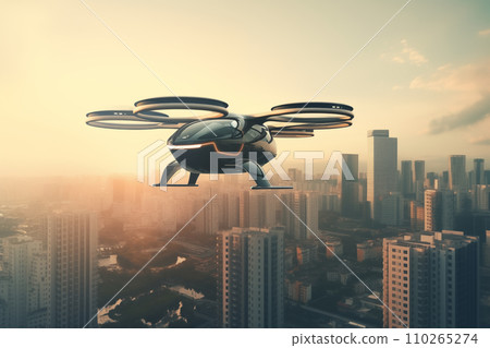 Flying car in sky. Electric air car flight above a cityscape. 110265274