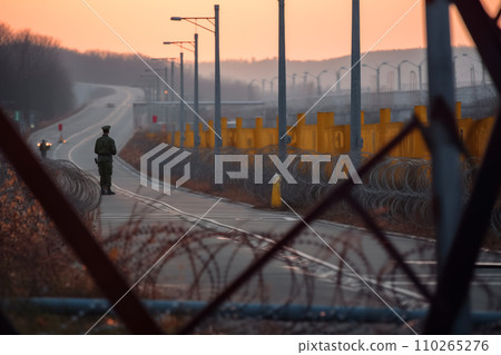 Border of South Kore and North Korea. Border with barbed wire on fence. 110265276
