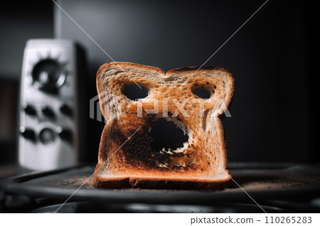 Burnt toast with an angry face expressing the emotion of sadness or sarcasm. 110265283