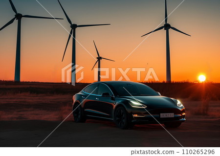 Electric Car in field with Wind turbines. EV electric car in Eolic park windpower. Electric Car in field with Wind turbines. EV electric car in Eolic park windpower. 110265296