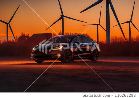 Electric Car in field with Wind turbines. EV electric car in Eolic park windpower. 110265298