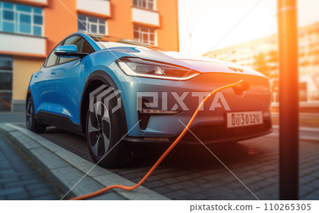 Electric Car on Charging. Charge an Electric Car. Powered car charging station. 110265305