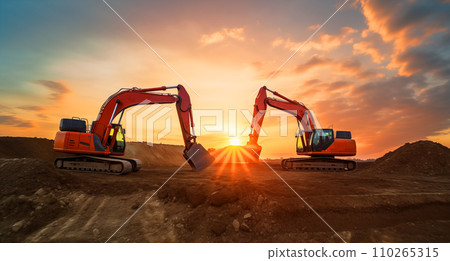 Excavator on earthmoving at open pit mining on sunset Excavator on earthmoving at open pit mining on sunset 110265315