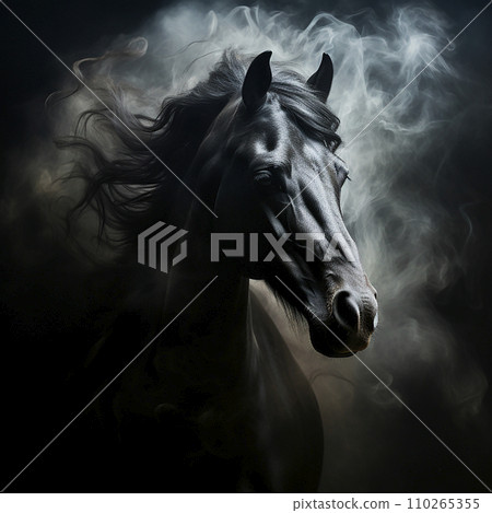Head of a black horse with a flowing mane, portrait, close-up on black, unusual animal 110265355